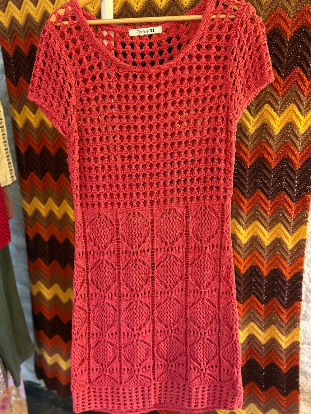 Forever 21 Coral Crochet Short-Sleeve Sweater Dress